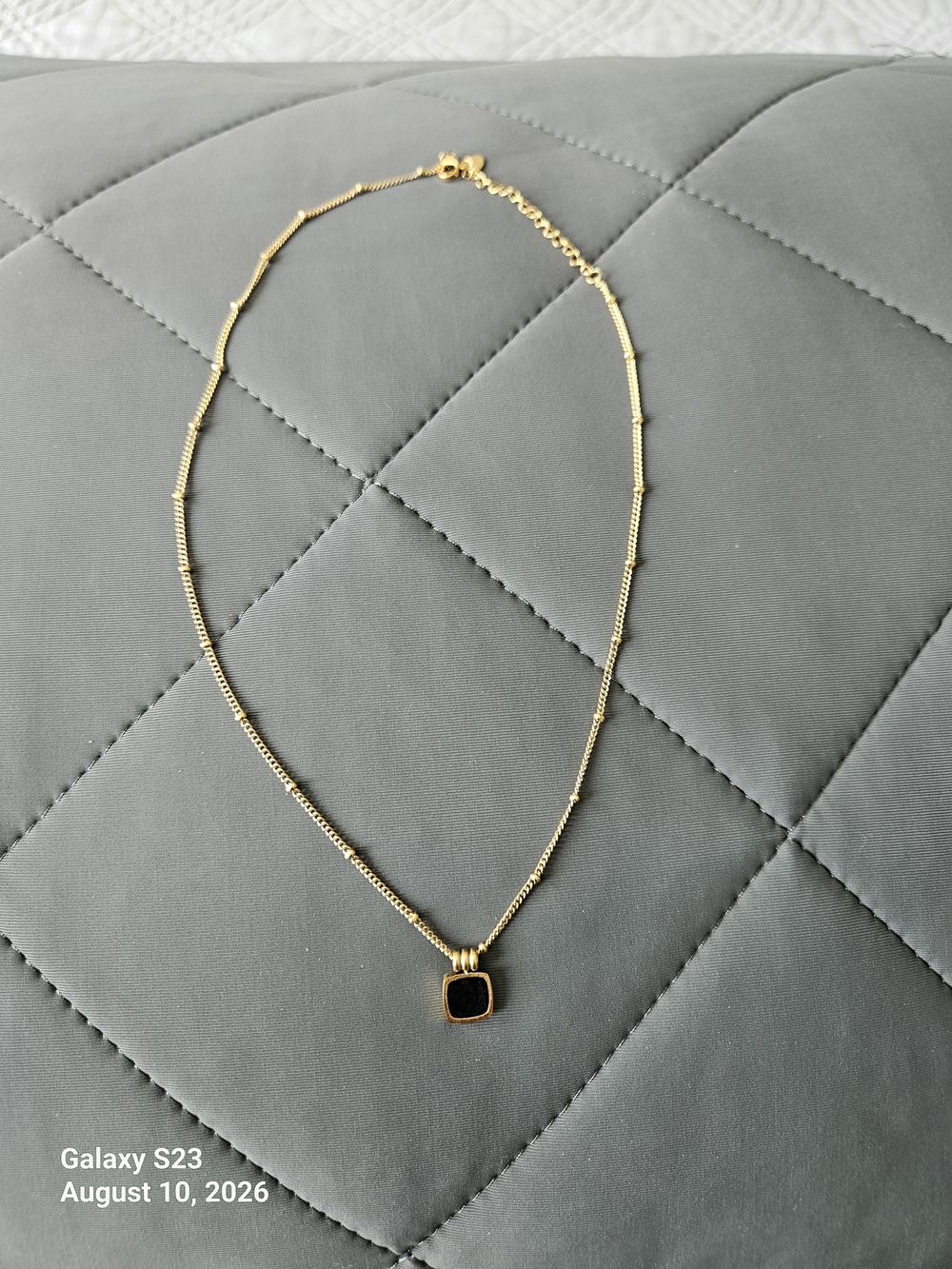 Gold Tone Necklace with Black Square Pendant - Women Jewelry